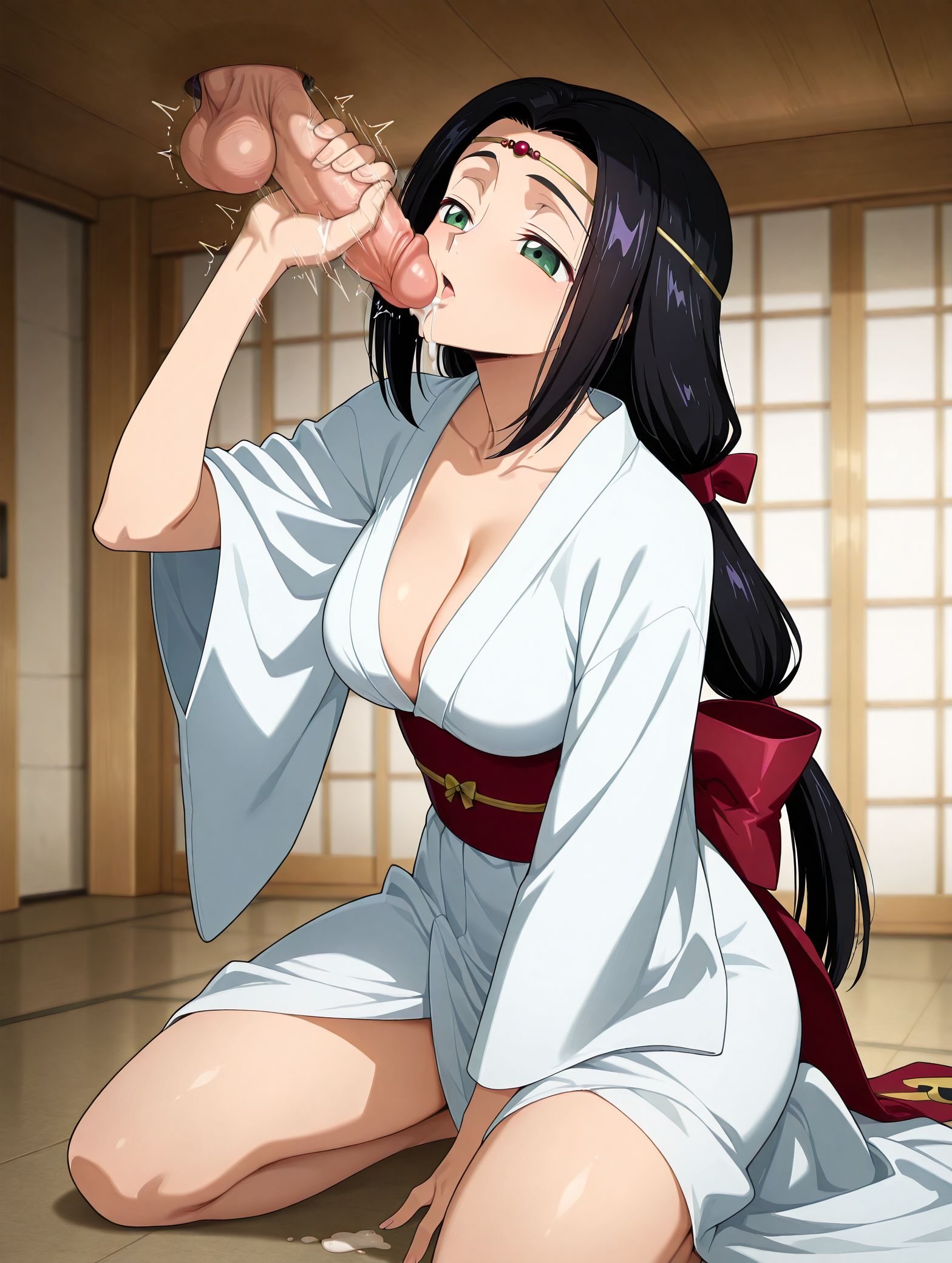 masterpiece, best quality, newest, absurdres, highres, detailed eyes, beautiful, detailed background, perfect eyes, anime coloring, anime screencap,
<lora:Milking_Table:1> Milking_TableV1
1girl,kneeling on the floor, hand job,cumdrip, 
head tilted up, intense focus, motion lines, motion blur, 
 large erect penis protruding from an overhead glory hole in the upper wall. 
japanese clothes, circlet, sash, bow, kimono, red bow, green eyes, dress,
sumeragi kaguya, green eyes, 
code geass, 20YO,milf,
