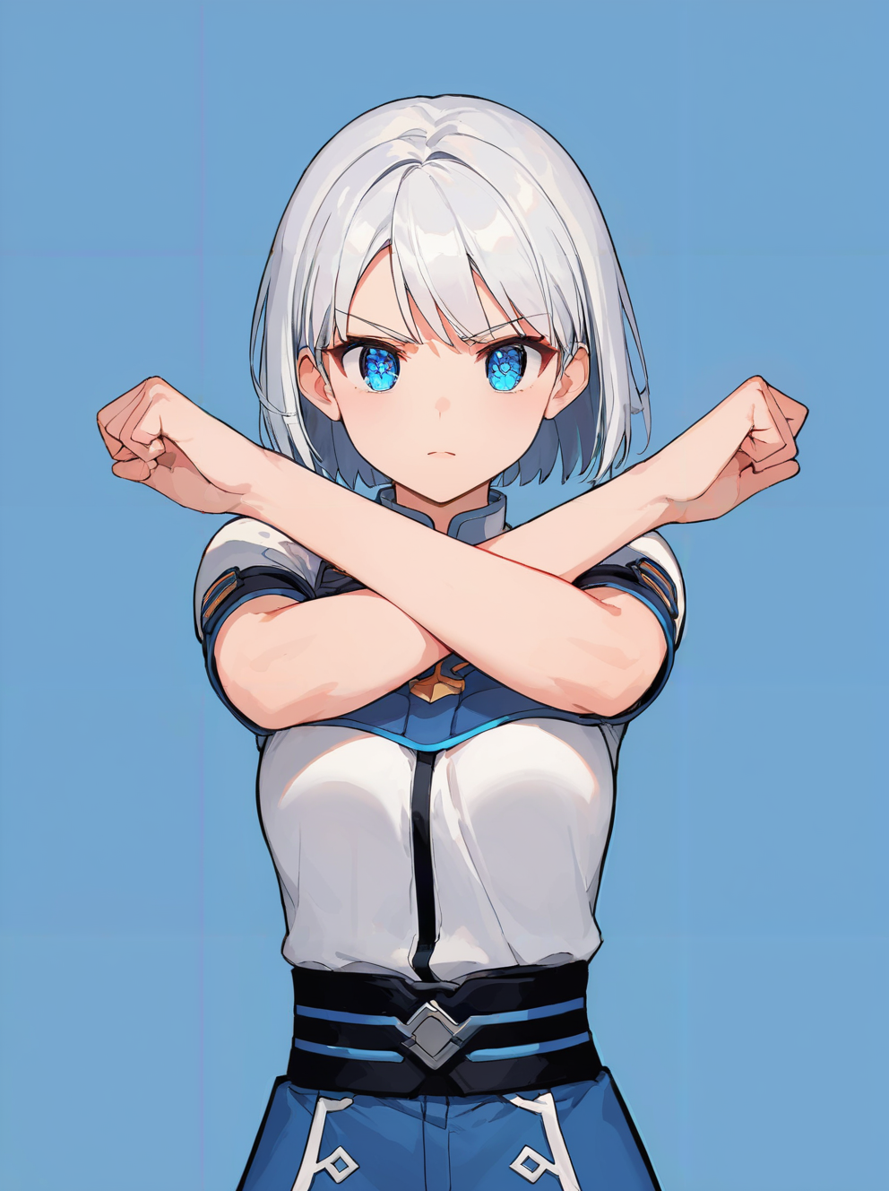 score_9, score_8_up, score_7_up,source_anime, high res image,masterpiece,best quality,(woman,middel bdeasts:1.0),cute face,clear skin,shiny hair,ultra detailed eyes,simple background,blue eyes, <lora:defence pose_pony_V1.0:0.8> defense pose,fighting pose,crossed arms,arms up,hold hands,