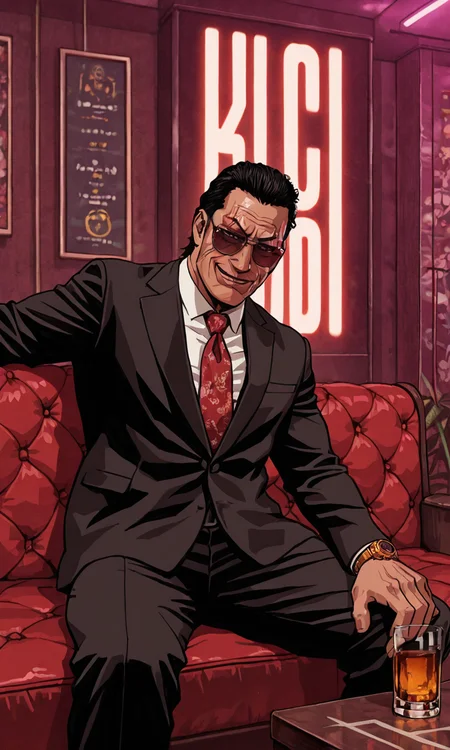 ksestyle, strong line art, dramatic shading, looking at viewer, smile, short hair, 1boy, adult man, old, black hair, scar across eye, yakuza, sunglasses, black classic suit, white shirt, red tie, single golden wristwatch on left hand, sitting on black leather couch, club, bar, indoors, table, alcohol, solo, masterpiece, best quality, amazing quality