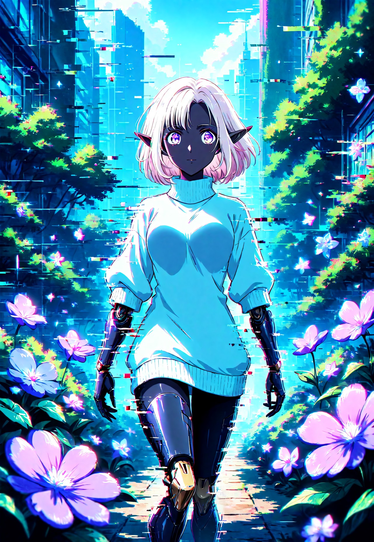 masterpiece, glitch, absurdres, anime style, ghibli, fairytale, 1girl, Elysia, dark elf, obsidian skin, short white hair, flickering bright violet eyes, robotic prosthetic arms, robotic prosthetic legs, wearing a black and white sweater dress with turtleneck, walking through a garden of crystal flowers in a digital cyberpunk city
