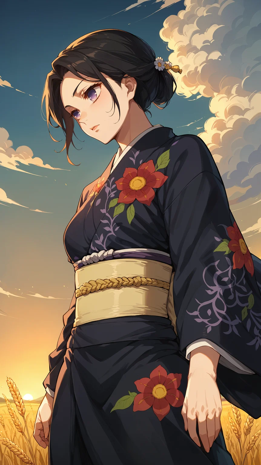score_9,score_8_up,score_7_up,score_6_up, source_anime, zPDXL3, <lora:xl_more_art-full_v1:0.5>, woman, dynamic pose, head down, <lora:Tamayo - Pony-000004:0.8>, black hair, hair up, empty eyes, hair ornament, japanese clothes, purple kimono, floral print, yellow obi, wheat field, sunset, cloudy sky,