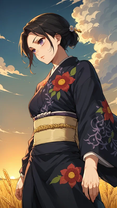 score_9,score_8_up,score_7_up,score_6_up, source_anime, zPDXL3, <lora:xl_more_art-full_v1:0.5>, woman, dynamic pose, head down, <lora:Tamayo - Pony-000004:0.8>, black hair, hair up, empty eyes, hair ornament, japanese clothes, purple kimono, floral print, yellow obi, wheat field, sunset, cloudy sky,