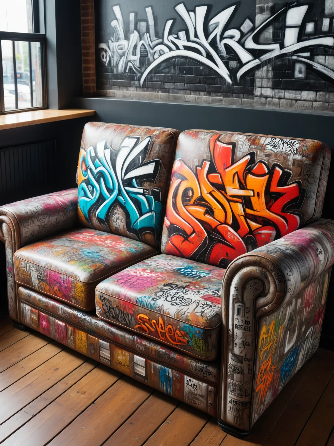 an ais-graffiti sofa in a coffee shop <lora:Graffiti_SDXL:1>