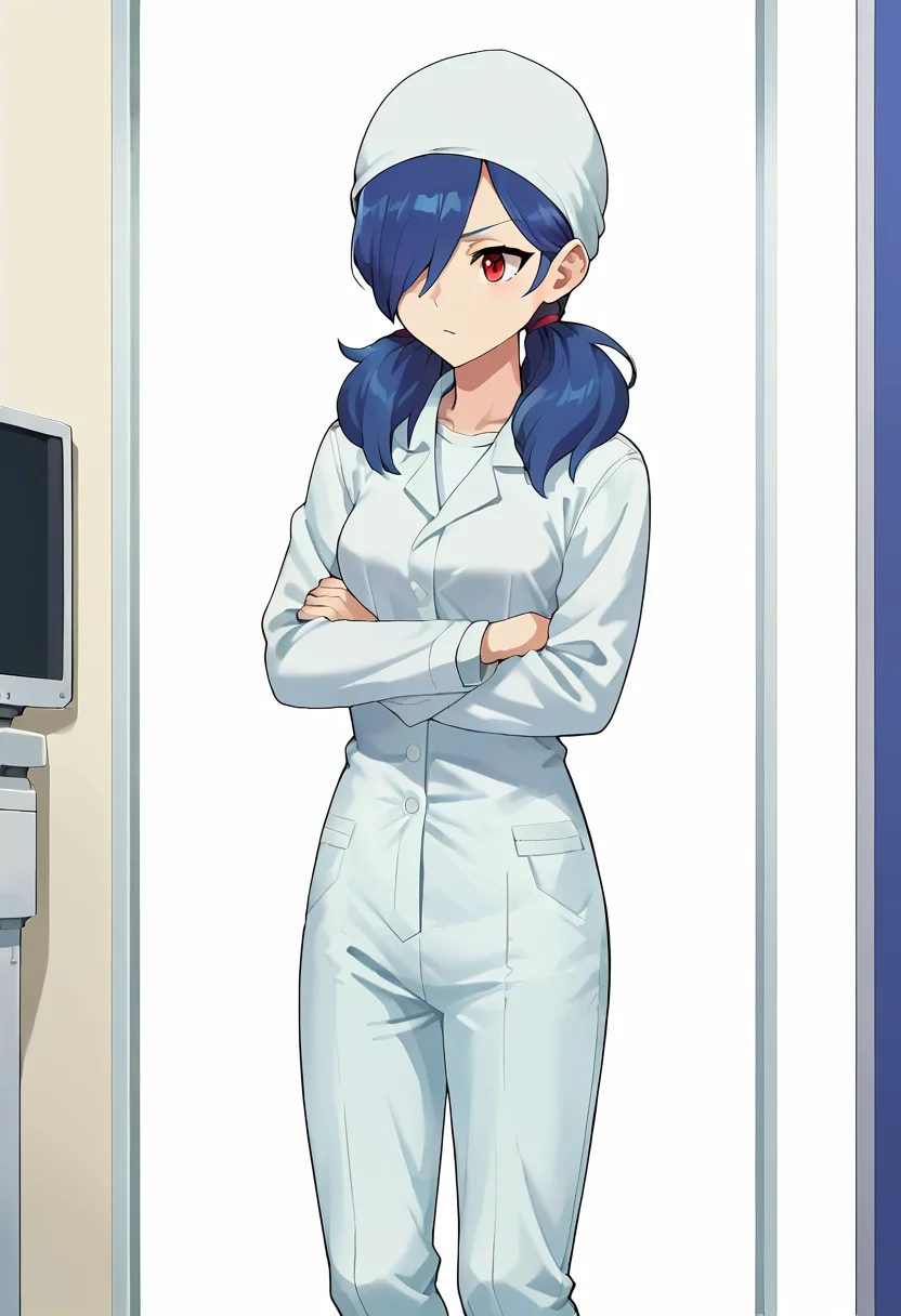 PonyXLV6_Scores,1girl,solo:1.2,source_anime BREAK anime screencap,anime colors,<lora:Kantomompony:0.8>,kantomom,blue hair,twintails,red eyes, <lora:Reactorworkerpony:1>,reactorworker,hat,beanie,jacket,white jacket,white shirt,white pants,boots,crossed arms,medium breasts,hair over one eye,indoors,control room,monitors,machinery in background