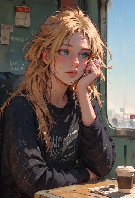 ((score_9, score_8_up, score_7_up)), 1girl, blonde, norwegian, plalid shirt, drinking coffee, bus stop, waiting for the bus, norway,
wh33z13, kyuyongeom