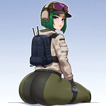 score_9, score_8_up, score_7_up, BREAK, (masterpiece, best quality, highres detail), 1girl, solo,(closeup,the rear view slightly from the side), Expressiveh, <lora:Ela:1>, ElaSDXL, 1girl,solo,short hair,green hair,beautiful face, slim face,freckles, lips, from behind,looks at viewer,horny, beautiful eyes, blue eyes, jacket, pants, ,fingerless gloves, military uniform, camouflage ,headphones,goggles,hat goggles on headwear, backpack, thighs holster, (simple abstract shape background),(sitting), (skinny), small breast,wide hips, thick thighs
