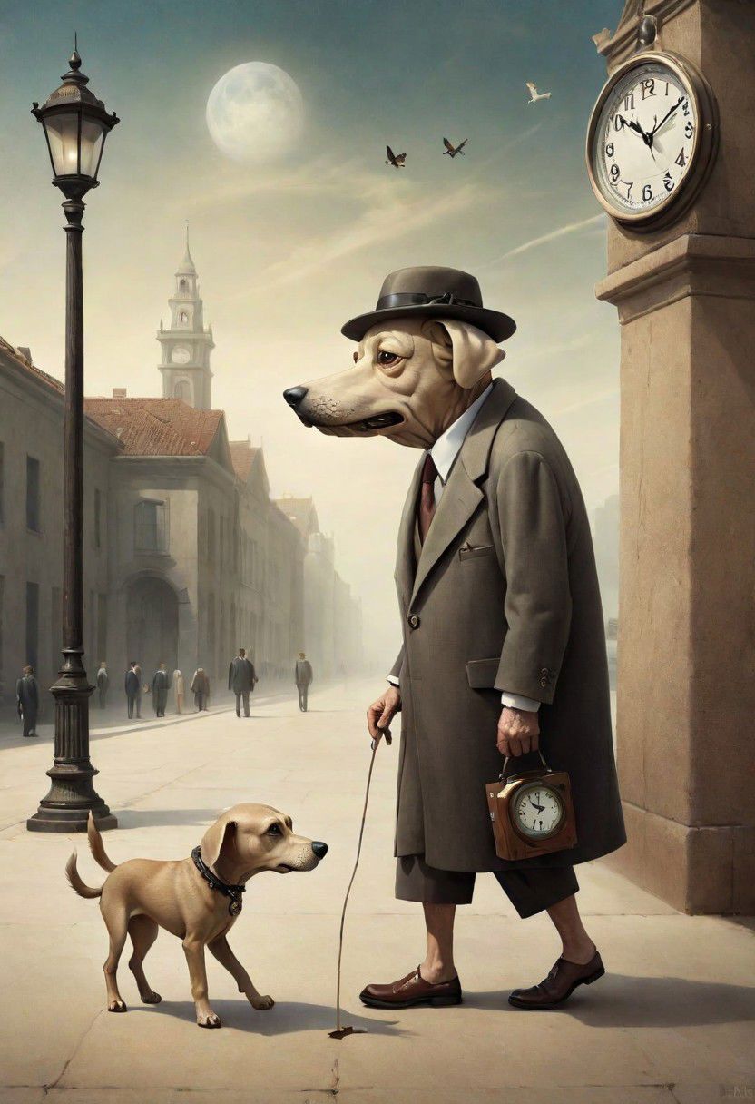 surreal dog clockold man neach promenade