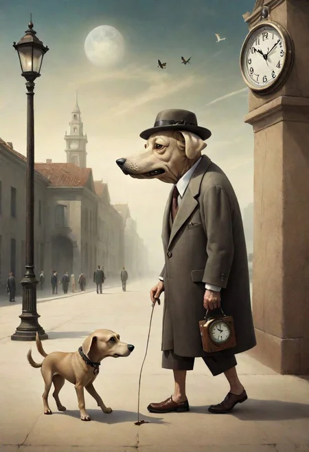 surreal dog clockold man neach promenade