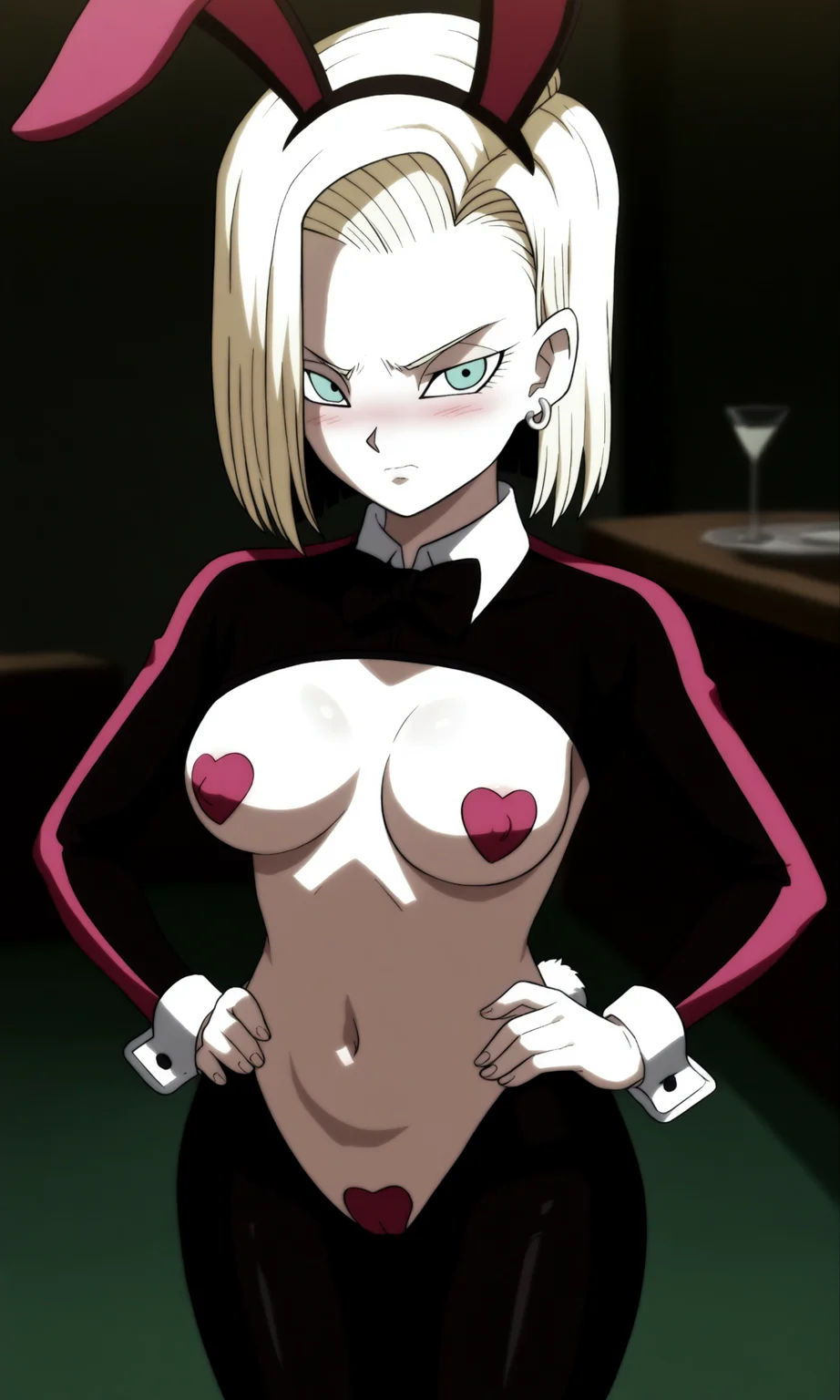 1girl, dbstyle, android_18, reverse_bunnysuit, pink_pasties, heart_pasties, shrug_(clothing), detached_collar, black_bowtie, hands_on_own_hips, looking_at_viewer, blush, indoors, closed_mouth, embarrassed, disgust