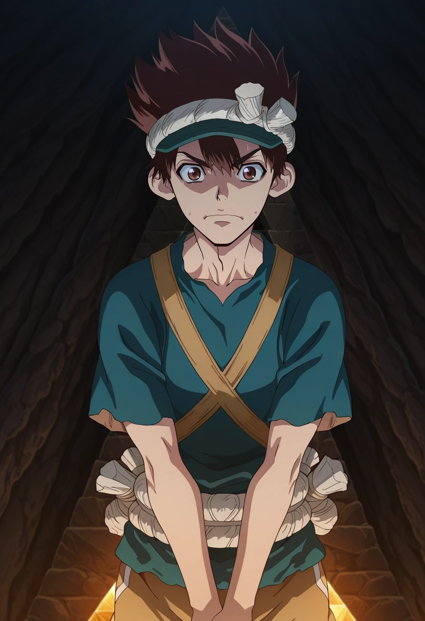 masterpiece, best quality, , anime screencap, anime coloring, official style, , 1boy, solo, male focus, <lora:chrome_dr_stone_ilxl:0.98>, chrome_dr_stone, brown hair, brown eyes, short hair, spiked hair, , focused, pyramid, dark, v arms, nervous, Track shorts with mesh panels, Mock neck pullover, , Snapback cap,