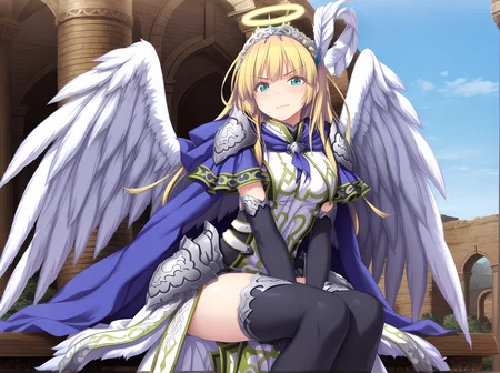 agnes,innerwear,tabard,armor,pauldrons,bustle skirt,gloves,elbow gloves,tiara,cape,thigh armor,black thighhighs,feathered wings,angel wings,angel,shoulder armor,wrist armor,armlet,halo,blonde hair,aqua eyes,<lora:Agnes_-_Sankai_Ou_no_Yubiwa_Illustrious:1.1>,outdoors,cowboy shot,sitting,looking at viewer,frustrated,, masterpiece,best quality,amazing quality,