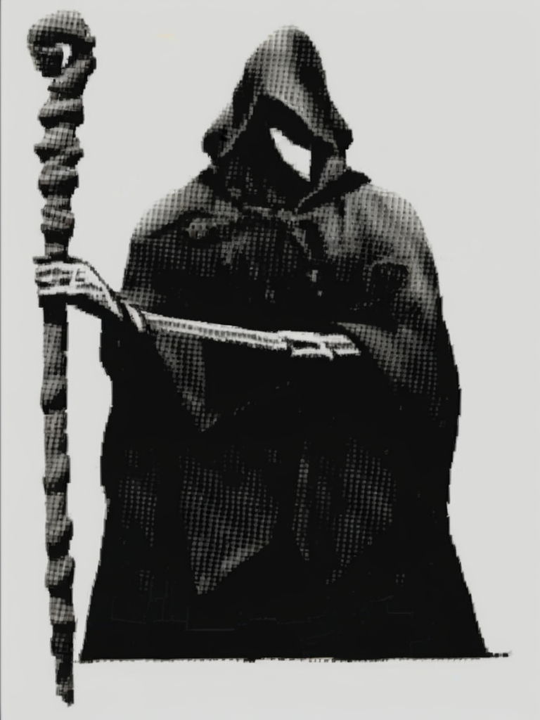 vermis style, solo, simple background, man, holding, standing, monochrome, male focus, hood, staff, cloak, smoke, holding staff,  <lora:VermisStylePony:1>,
score_9, score_8_up, score_7_up, score_5_up