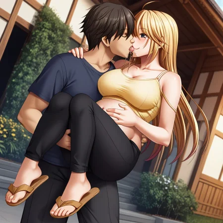 Top quality work, Ultra Premium Graphics, High resolution, 8k wallpaper, High-quality graphics, score_9, score_8_up, score_7_up, source_anime, rating_explicit, uncensored, intricate details, 1girl, kaguya, long hair, hair between eyes, blonde hair, grey eyes, large breasts,,,score_7_up,score_8_up,scrore_9,,1girl,solo,dynamic angle,,large breasts,cleavage, (1girl), full_body, thighs, blush, sunny, sitting, hand on belly, happy, beautiful eyes, outdoors, yellow crop top, navel showing, black flare leggings, flare pants, bare feet, bare feet showing ,pregnant,mature female, happy face, blush, collarbone, flip flops, (1girl), full_body, house, outside, sunny, smile, 1boy, college student, fat male, black hair, princess carry, hand on stomach, kissing, sloppy kiss, saliva, carry, Expressiveh, feet visible, view, french kissing, deep kiss with a boy