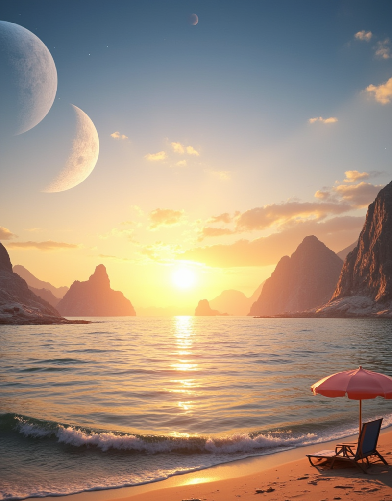 <lora:Space_Worlds_01__Poetic_fluxbeta4:1> sw01p_flux. photo of a calm landscape with sunset, showing a lake, some islands and rocky mountains under a pleasant sky and space with some clouds. A large planet is also visible in space. On the foreground, there is a beach chair and a parasol on a beach and also waves with some jumping fishes.