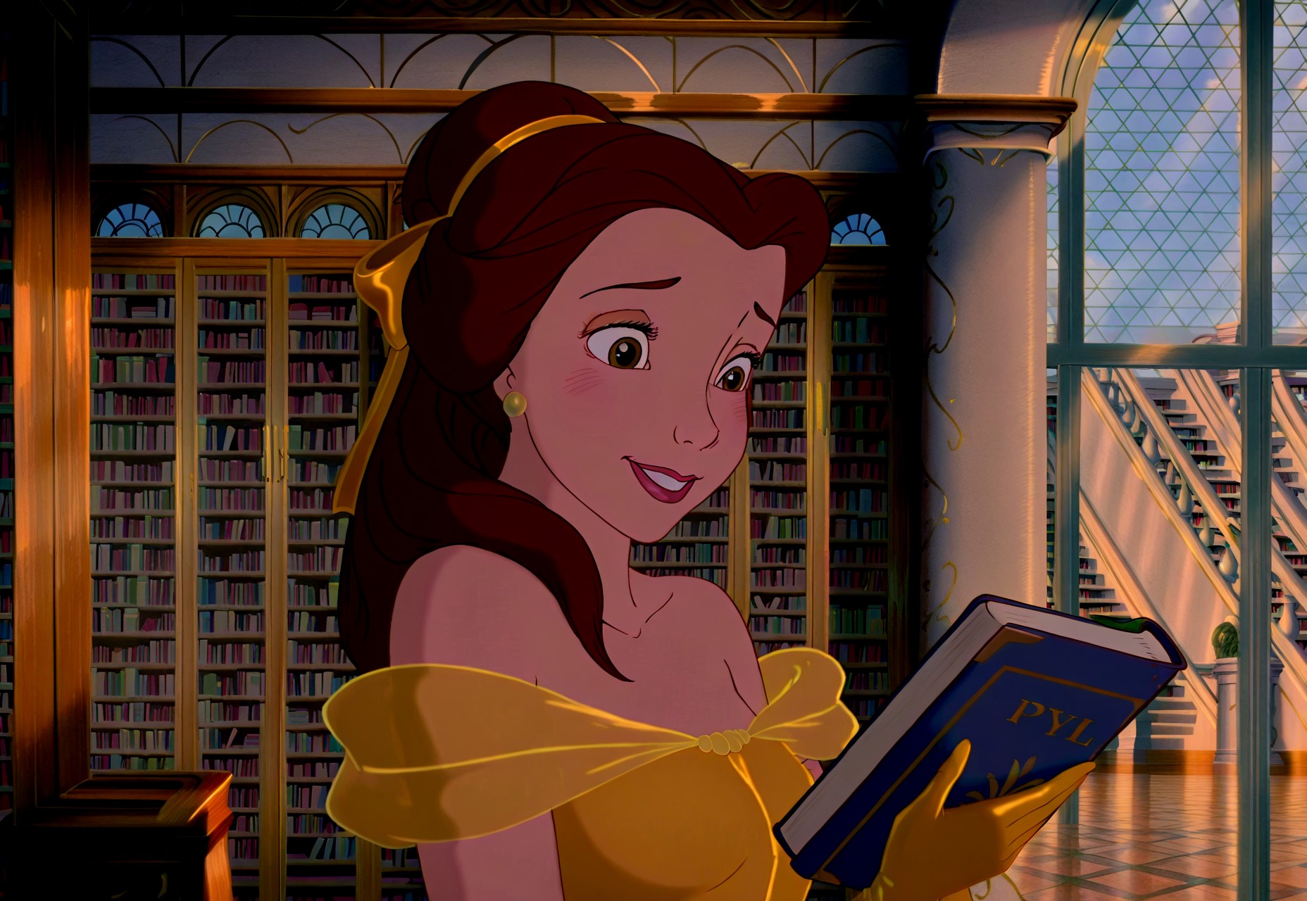 masterpiece, absurdres, highres, (anime screencap:2, anime coloring:2), on-model, accurate art style, show accurate, cartoon screencap, movie accurate, official screencap, style parody, flat colors, official art, proper proportions, extremely detailed, newest, BREAK, 1girl, girl is 25, mature girl, mature female, belle (character), long hair, brown hair, single hair bun, hair ribbon, ribbon, golden yellow ribbon, brown eyes, lipstick, blush, earrings, jewelry, gloves, yellow dress, ballgown, yellow ballgown, bare shoulders, smile, holding a book, BREAK, detailed background, indoors, library, day, BREAK, vibrant colors, cinematic lighting, 75% soft lighting, 25% dark lighting