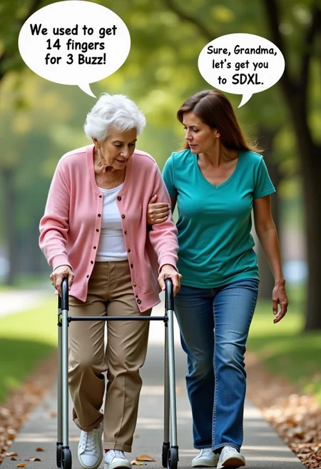 A realistic image of an 80-year old woman and a 30-year old woman walking in the park and talking, with text bubbles above their heads. They are both looking down at the ground in front of the old woman with serious expressions on their faces. The 80-year old woman has a pink cardigan and tan slacks, and is using a walker. She is walking very cautiously. A text bubble from the 80-year old woman says “We used to get 14 fingers for 3 Buzz”. The 30-year old woman has brown hair, and is wearing a teal tshirt and regular jeans, and is helping the 80-year old woman walk safely. She has one hand on the old woman's shoulder and the other hand on the old woman's walker. A separate text bubble from the 30-year old woman says “Sure, Grandma, let's get you to SDXL”