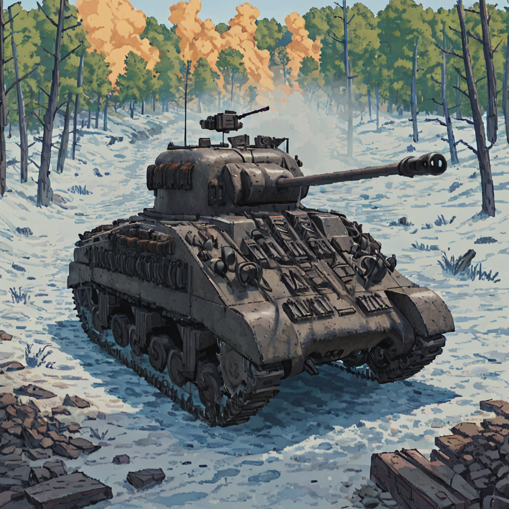 tank driving through a frozen forest, snow, ice, frozen stream, explosions, smoke, fog of war, rubble, frflytnk, vehicle focus  ((pulp_comic, heavy_lines, hand_drawn, hand_inked, hand_colored, apxlz))
