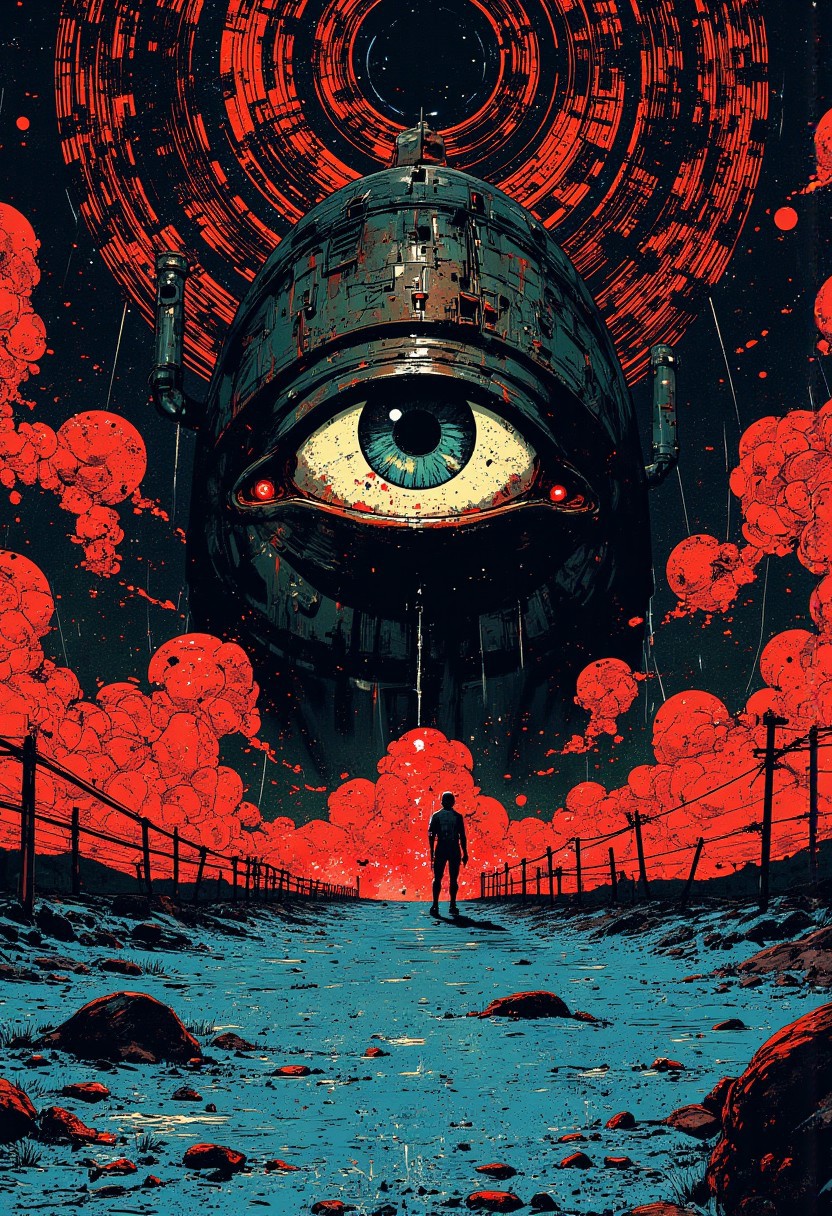 mythp0rt, A mosaic, ominous and dark, deep shadows ,huge eye looming over the scene, wires and pipes on the ground, swirling circle clouds, dense clouds circular, blue sand ground, abstract swirling patterns around the eye, whole picture is filled with circular patterns, white lines in the sky, bright red desert scene, desolate, intricate and detailed, trending on artstation.