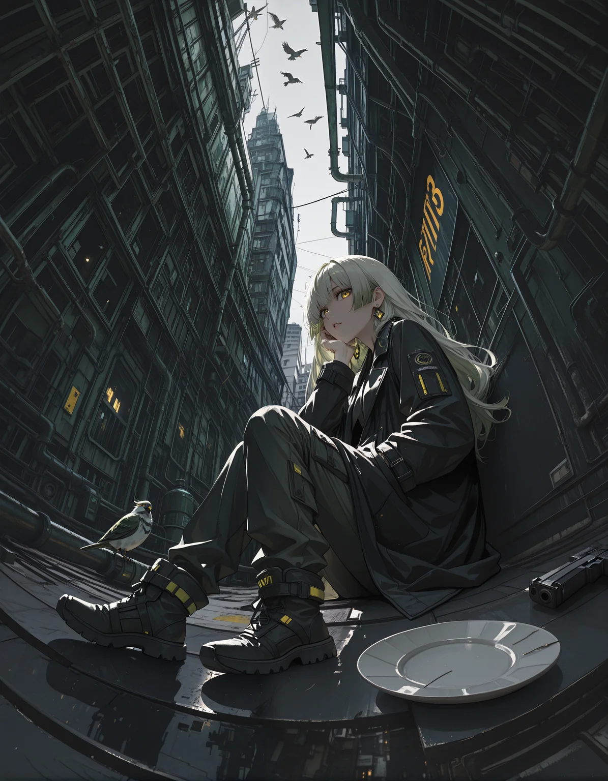 incredibly absurdres, masterpiece, absurdres, high quality,re4lity_sync_illu, <lora:re4lity:1>,1girl, bangs, black coat, building,bird, day, earrings, from above, green hair, hand in pocket, handgun, hands in pockets, head rest, holding weapon, industrial , long hair, looking at viewer, night, parted lips, plate, sitting, solo, weapon, white hair, yellow eyes. fisheye, full body, from below, from side,fisheye, photo background,