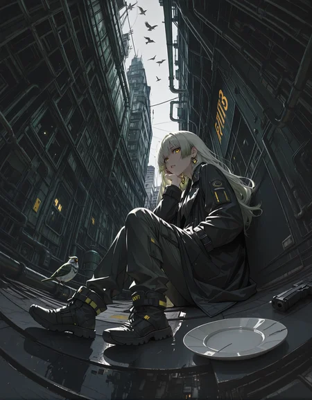 incredibly absurdres, masterpiece, absurdres, high quality,re4lity_sync_illu, <lora:re4lity:1>,1girl, bangs, black coat, building,bird, day, earrings, from above, green hair, hand in pocket, handgun, hands in pockets, head rest, holding weapon, industrial , long hair, looking at viewer, night, parted lips, plate, sitting, solo, weapon, white hair, yellow eyes. fisheye, full body, from below, from side,fisheye, photo background,