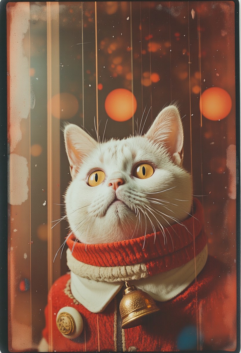 Japanese Culture Style, Emotional Photos, 35mm film, A serene white Japanese cat, wearing a red-and-white shimenawa and bell, embodying calm and auspicious New Year blessings.
