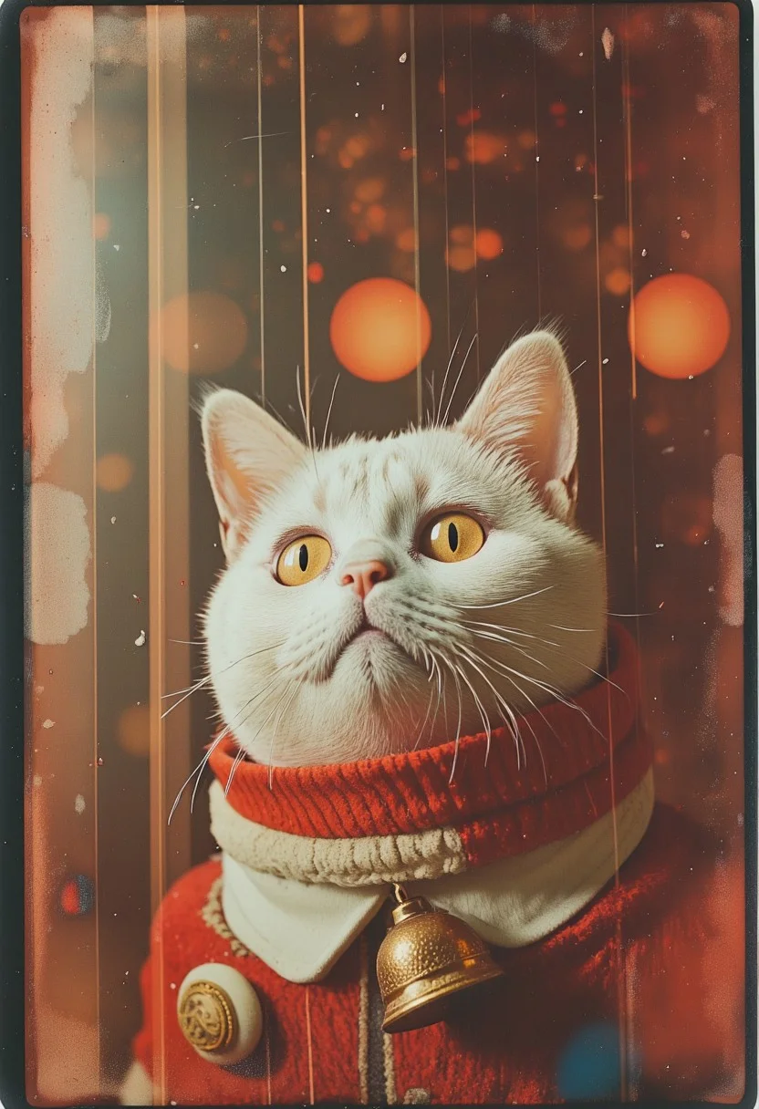 Japanese Culture Style, Emotional Photos, 35mm film, A serene white Japanese cat, wearing a red-and-white shimenawa and bell, embodying calm and auspicious New Year blessings.