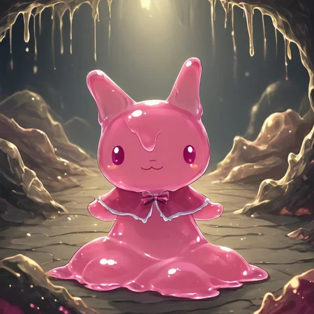 In a cave showing light above,sl1m3d,slime-morph,Mymelo made out of slime, anthro, 1female,hooded capelet, pink ears,solo,smile at you on a cute way,beautiful,high-quality,