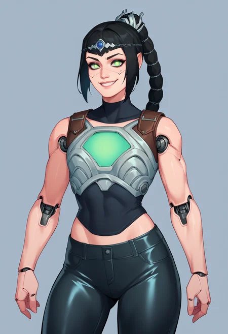 score_9, score_8_up, score_7_up, score_6_up, score_5_up, score_4_up, BREAK,
robotskin, cyborg, robot skin,
1girl, shadowheart, black hair, braided ponytail, tiara, glowing green eyes, armor, leather pants,
smile, looking at viewer, simple background, <lora:ShadowHeartXL:1> <lora:RobotSkinXL:1>