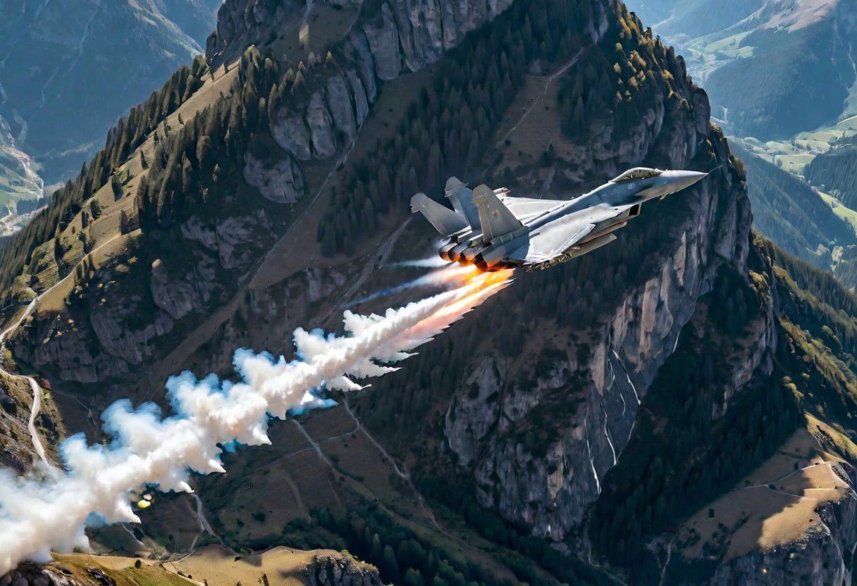 (Pilots flying the Euro Fighter jets between mountains), (displaying the low level flying capabilities of the Euro Fighter jets), hitting amazing speeds as the tilt and wind through the valleys and canyons, (view from side of euro fighter jets), (launching missiles with a stream of white vapors with flames), (a true display of military might power), (motion scenes), (pain staking attention to fine details of the jets) ,4k, surreal, (epic photography),