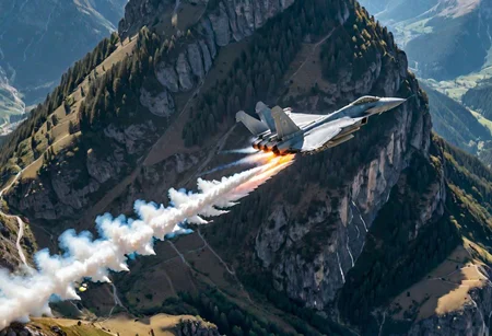 (Pilots flying the Euro Fighter jets between mountains), (displaying the low level flying capabilities of the Euro Fighter jets), hitting amazing speeds as the tilt and wind through the valleys and canyons, (view from side of euro fighter jets), (launching missiles with a stream of white vapors with flames), (a true display of military might power), (motion scenes), (pain staking attention to fine details of the jets) ,4k, surreal, (epic photography),