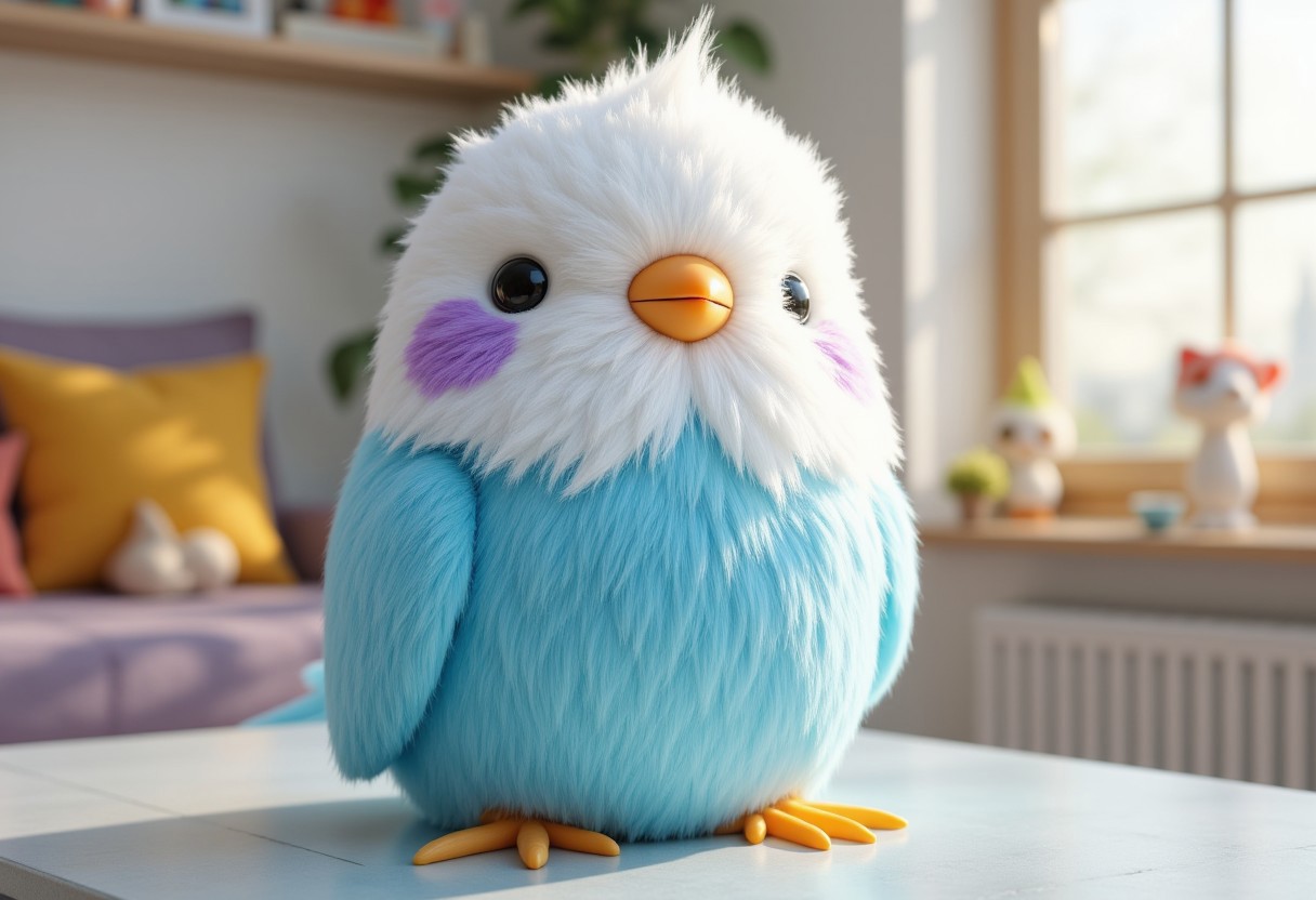 CGI Rendering, Children Plush Toy that looks like a cute blue-white budgie with purple cheek spots.