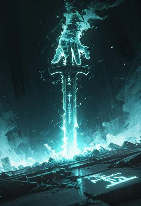 dynamic angle, unusual angle, dynamic, dynamic composition, single sword, runic engraving, runes, sould of the damned, broken sword, broken, damaged
In the dim, flickering light, a sinister shadowy figure emerges, its presence cloaked in an air of mystery. (Looking at the viewer with sinister smile:1.3) Slowly, it reaches out toward the hilt of the shattered runic sword, its movements deliberate yet hesitant. The ancient engravings on the hilt begin to pulse faintly, glowing like a dying ember, their light casting eerie shadows across the figure’s outstretched hand. The closer it gets, the air grows colder, heavy with an otherworldly presence. From the jagged break in the blade, spectral wisps begin to unfurl, curling and twisting like smoke, their forms coalescing into ghostly faces etched with agony. Whispers fill the air—soft at first, but rising into a cacophony of tormented wails. The figure’s hand trembles as its fingers hover just above the hilt, as though sensing the weight of the cursed power it is about to claim. Finally, with a sharp intake of breath, the hand closes around the sword. The runes ignite with a blinding light, and the escaping souls recoil, writhing in both fear and fury.
