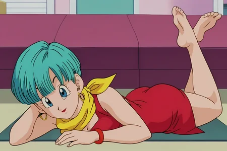 source_anime, score_9, score_8_up, score_7_up, anime screencap, high quality, 8k, absurdres, official style, 
bulma, red buu saga outfit, buu saga, 1girl, solo, breasts, looking at viewer, smile, short hair, blue eyes, bowl cut, lying, full body, hoop earrings, soles, happy, indoors, bare shoulders, on stomach, barefoot, feet up, hand on own cheek, bangle, arm support, aqua hair, short dress, red dress, fingernails, hand on floor, eyelashes, cleavage, sleeveless dress, yellow neckerchief
 <lora:bulmaDBZ_pony_v2:0.8>