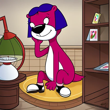 hi res, best quality , (solo), female, (source_cartoon), Score_9, score_8, score_7, ultra detailed, (masterpiece), best anatomy, small body, young, petite, short, <lora:J3lly_Otter:1>, j3lly_otter, animal ears, animal nose, purple hair, short hair, two-tone fur, otter, furry, black eyes, sitting, smile, tail, shoes, smile, indoors