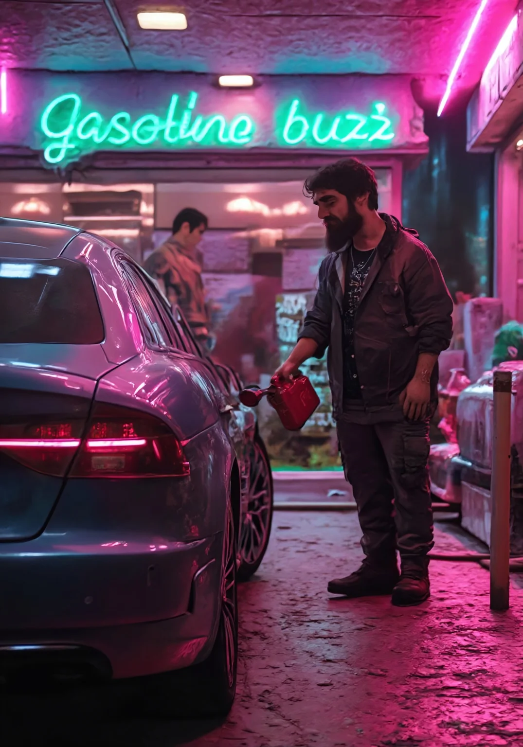 Person fueling a dark-colored car at a gas station. Mid-shot, real-time, and realistic. A person in a dark-colored shirt and pants is filling a dark-colored car. The person is holding a red gas can. green neon text on gas can "gasoline buzz", The car is dark-colored, likely a sedan or coupe. Neon lights and colors illuminate the gas station. Vivid, saturated colors of pink and green, indicating a night scene. Sharp focus on the person and gas can, moderate depth of field. Realistic lighting with some shadows. Reflective surfaces on the car. The gas station scene is full of visual appeal. A realistic depiction of a contemporary gas station scene.