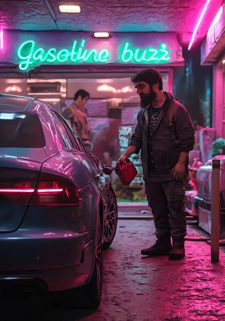 Person fueling a dark-colored car at a gas station. Mid-shot, real-time, and realistic. A person in a dark-colored shirt and pants is filling a dark-colored car. The person is holding a red gas can. green neon text on gas can "gasoline buzz", The car is dark-colored, likely a sedan or coupe. Neon lights and colors illuminate the gas station. Vivid, saturated colors of pink and green, indicating a night scene. Sharp focus on the person and gas can, moderate depth of field. Realistic lighting with some shadows. Reflective surfaces on the car. The gas station scene is full of visual appeal. A realistic depiction of a contemporary gas station scene.