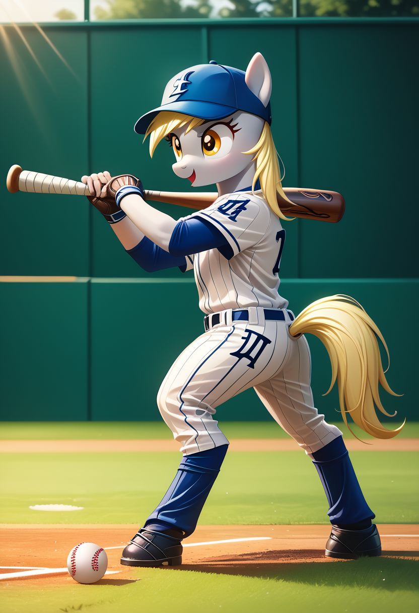 EnD_Niji_Sports, source_pony, Derpy Hooves playing baseball,  baseball cap, sportswear, white pants, baseball bat, baseball, baseball uniform, holding baseball bat, BREAK PonyXLV6_Scores