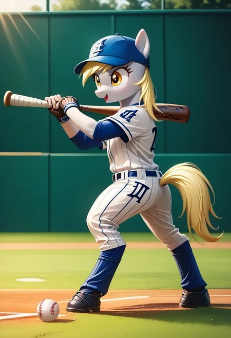EnD_Niji_Sports, source_pony, Derpy Hooves playing baseball,  baseball cap, sportswear, white pants, baseball bat, baseball, baseball uniform, holding baseball bat, BREAK PonyXLV6_Scores