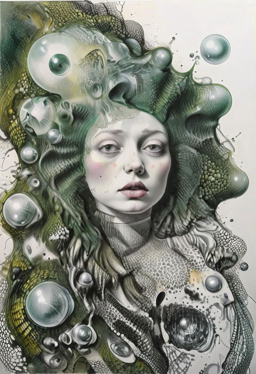 raw sketch of interwoven concrete cement pebbles cob cobblestone shell fishscales snakeskin, melting flesh covered in moss rot mold bubbles droplets, by Hans Bellmer, by Malevitch, by Kandinsky, Surreal psychedelic bizarre, psychedelic hallucination, pop surrealism, rough crosshatch drawing pop art Lunatic_Portrait of a young woman in latex Avant-garde Fashion page, slick back, low bun, black makeup, sinister expression, intense glare, avant-garde, abstract, weird, geometric, constructivism, suprematism, rayonism, verticism, lineism, tj