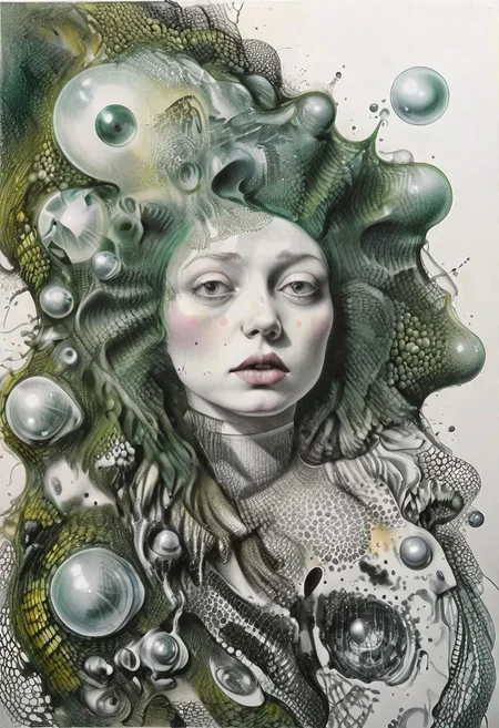 raw sketch of interwoven concrete cement pebbles cob cobblestone shell fishscales snakeskin, melting flesh covered in moss rot mold bubbles droplets, by Hans Bellmer, by Malevitch, by Kandinsky, Surreal psychedelic bizarre, psychedelic hallucination, pop surrealism, rough crosshatch drawing pop art Lunatic_Portrait of a young woman in latex Avant-garde Fashion page, slick back, low bun, black makeup, sinister expression, intense glare, avant-garde, abstract, weird, geometric, constructivism, suprematism, rayonism, verticism, lineism, tj