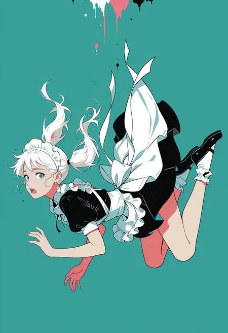 masterpiece, best_quality, highres, flat_color, minimalism, green background, 1girl, solo, white hair, twintails, blue eyes, panicking, maid headdress, frilled apron, skirt, bobby socks, falling, midair, from side, looking at viewer, limited palette,