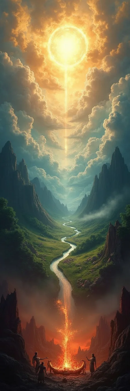 A majestic three-fold scene that visually represents the realms of Heaven, Earth, and Hell. The upper section depicts a celestial realm with golden clouds, radiant skies, and ethereal angels and spirits surrounded by a serene, glowing sky. The middle section should focus on the mortal world, showcasing lush landscapes, mountains, rivers, and human life and cities. The lower section is dark and eerie with a landscape filled with fire pits, shadowy demons, and skeletons, evoking a sense of foreboding. Transitions between sections should be seamless and unique, creating a powerful visual narrative for the different planes of existence.