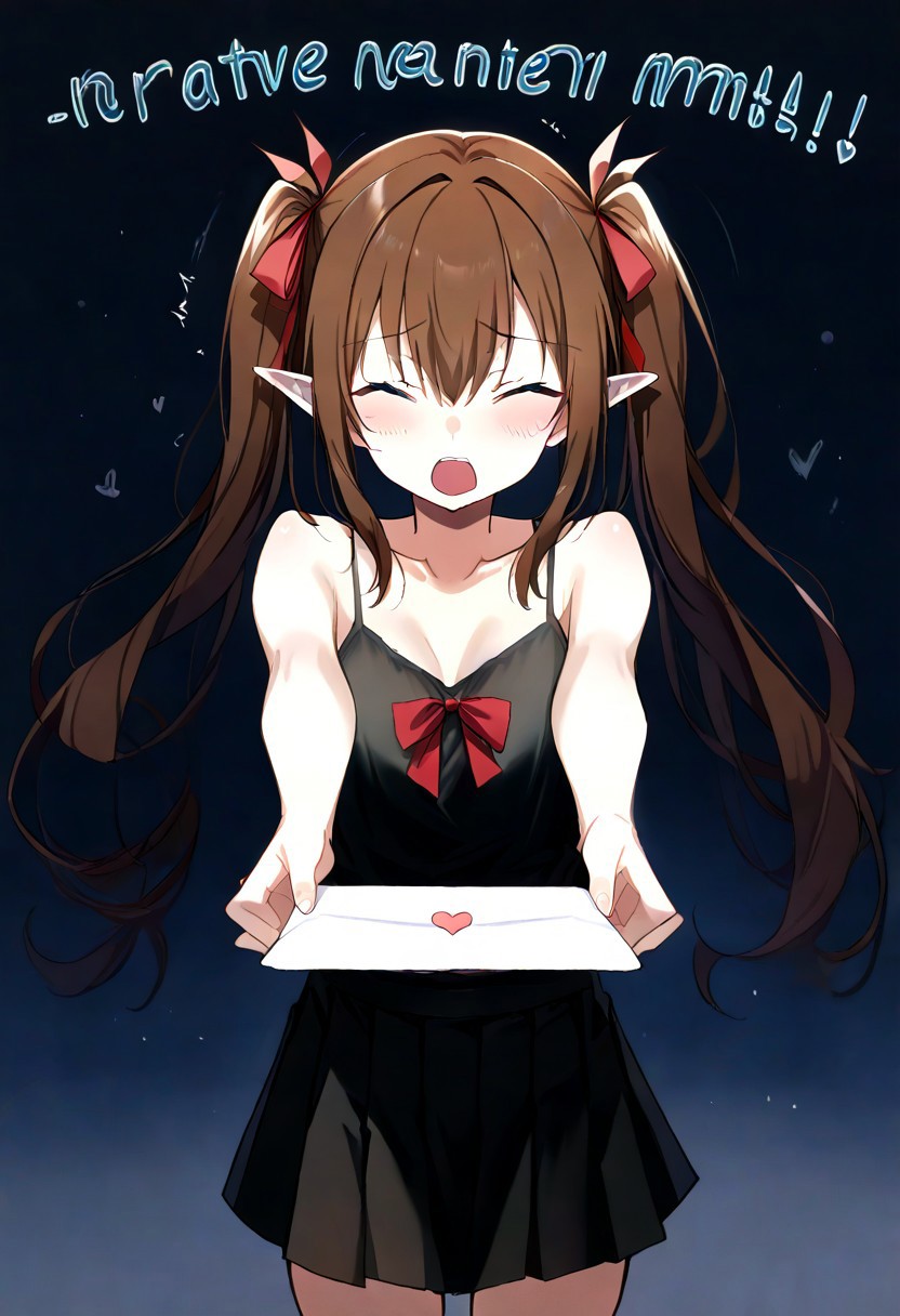 score_9, k'ra, grey eyes, brown hair, twintails, red ribbons, black camisole, short black skirt, <lora:love-letter-ponyxl-lora-nochekaiser:1>, love letter, heart, valentine, letter, confession, incoming gift, outstretched arms, closed eyes, shouting, source_anime, ntm,