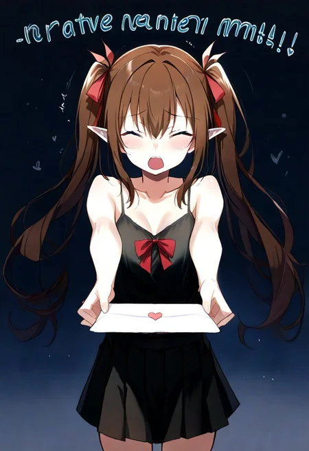 score_9, k'ra, grey eyes, brown hair, twintails, red ribbons, black camisole, short black skirt, <lora:love-letter-ponyxl-lora-nochekaiser:1>, love letter, heart, valentine, letter, confession, incoming gift, outstretched arms, closed eyes, shouting, source_anime, ntm,