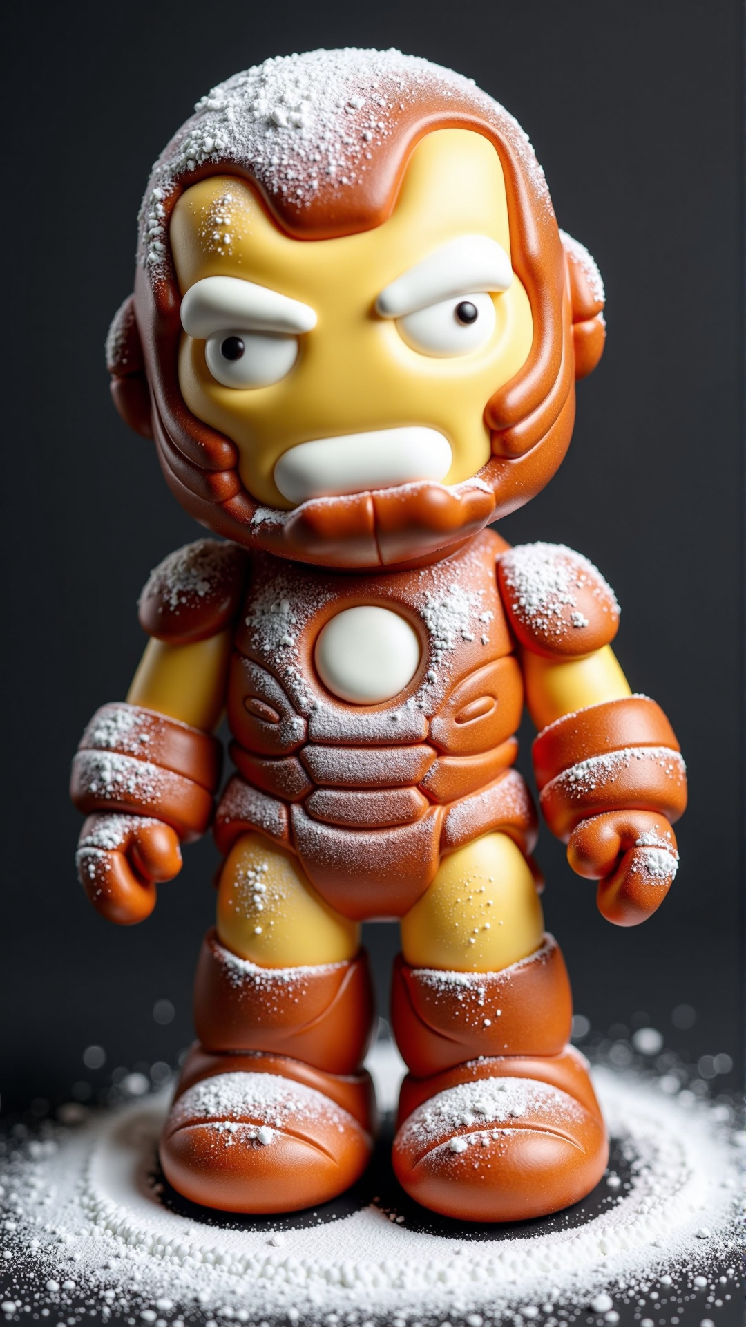 A photo of a SemlaStyle Marvel's character: Iron Man made entirely out of semla which made out of wheat material with whipped cream and with powdered sugar on top. Food craft.<lora:SemlaStyleFlux:1>
