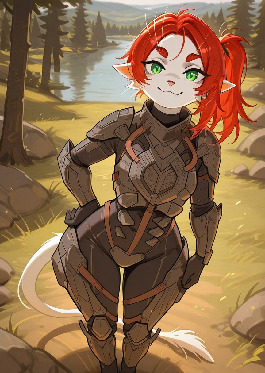 best quality, masterpiece, very aesthetic, absurdres,
Argemia, 1girl, green eyes, solo, red hair, looking at viewer, smile, pointy ears, furry, anthro, standing, armor, bodysuit,