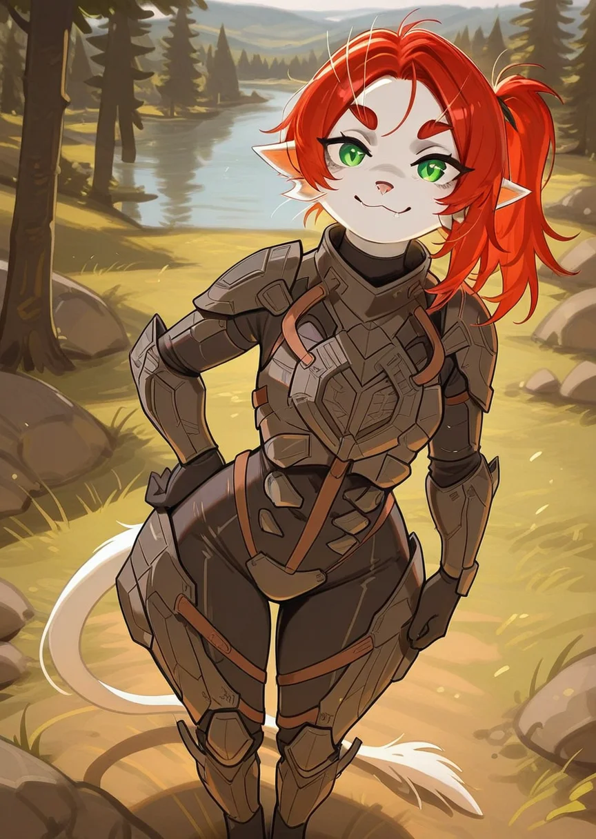 best quality, masterpiece, very aesthetic, absurdres,
Argemia, 1girl, green eyes, solo, red hair, looking at viewer, smile, pointy ears, furry, anthro, standing, armor, bodysuit,