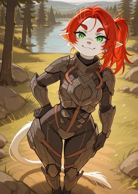 best quality, masterpiece, very aesthetic, absurdres,
Argemia, 1girl, green eyes, solo, red hair, looking at viewer, smile, pointy ears, furry, anthro, standing, armor, bodysuit,