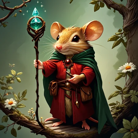 core_9, score_8_up, score_7_up, <lora:MazesMicePony:1> MazesAndMice, The image is a digital illustration of a mouse dressed up as a wizard. The mouse is wearing a red and gold robe with a green cape and a gold belt with a red pendant. It has two large ears and is holding a wand with a blue crystal ball on it. The wand is resting on a branch with green leaves and flowers. The background is a light beige color with a subtle texture. The overall style of the illustration is whimsical and magical., solo, cape, holding, flower, staff, pouch, mouse, standing, full body, furry