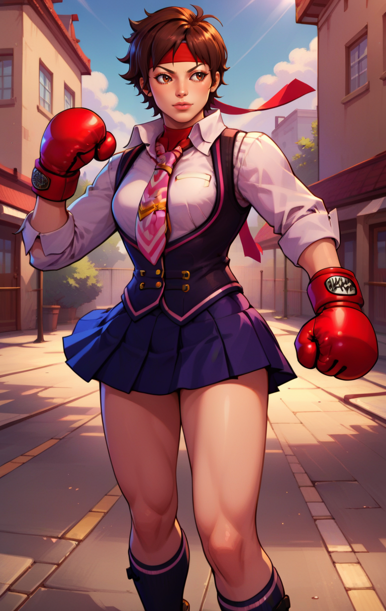 score_9, score_8_up, score_7_up, BREAK,  <lora:Sakura:1> sakurasfvSDXL, 1girl, solo, short hair, skirt, brown hair, shirt, gloves, brown eyes, school uniform, standing, cowboy shot, necktie, socks, vest, lips, headband, ankle boots, boxing gloves, kasugano sakura, street background,